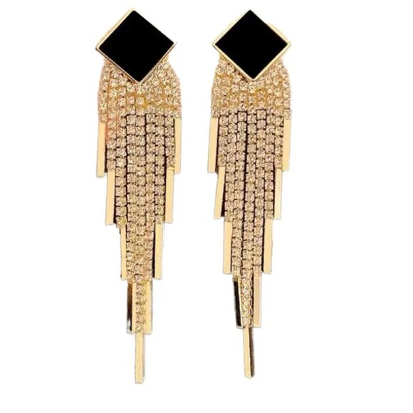 Jewelry - Long Earrings Crystal Drop Sparkling Earrings Black Gold